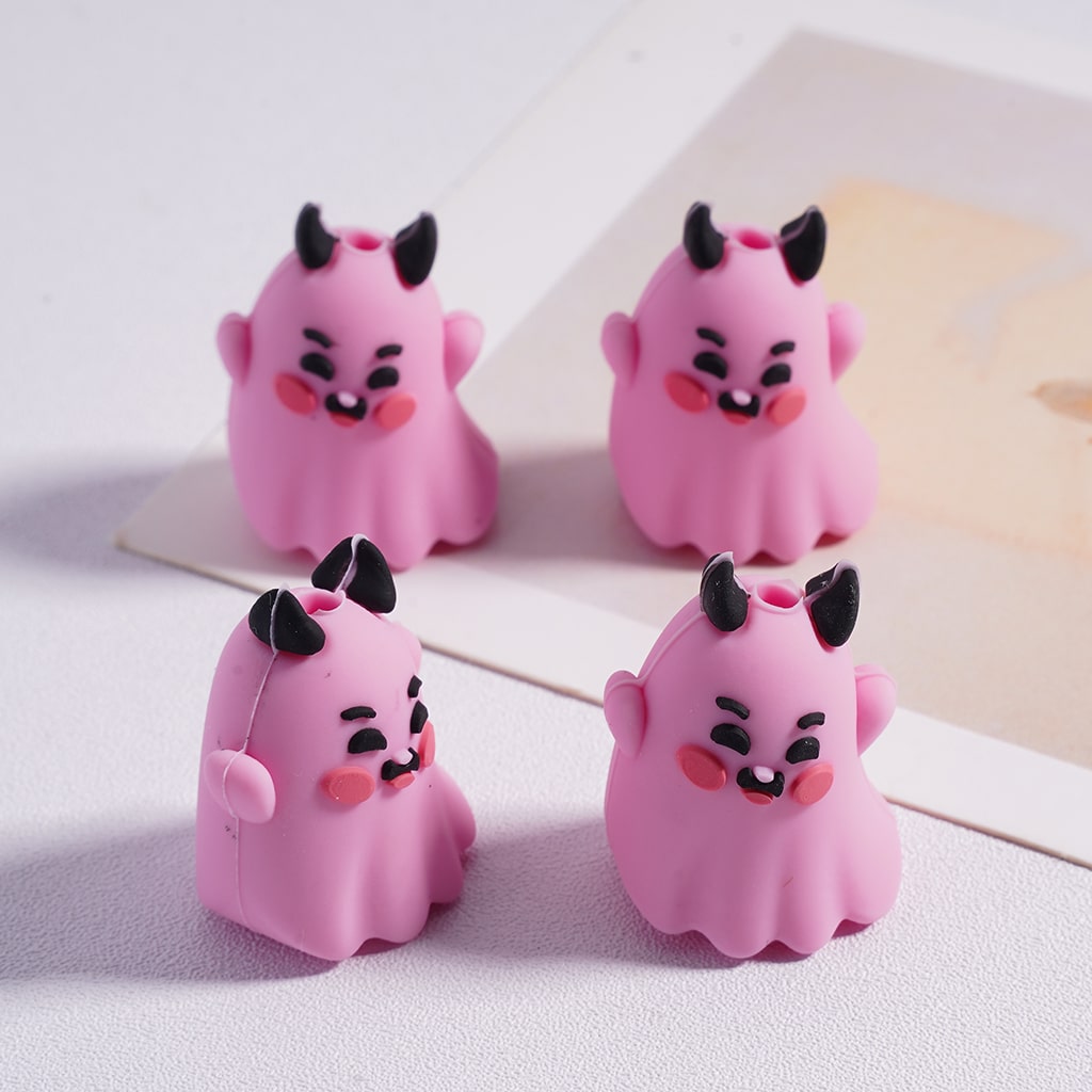 Silicone Focal Beads 3D Cute Ghost with Horn in White & Pink Halloween