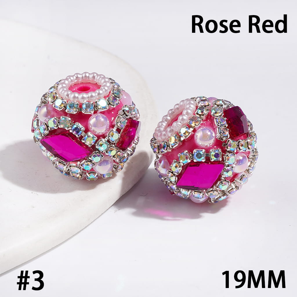 Hand-Made Acrylic Beads w Diamond Shaped Rhinestones & UV-Coated Half-Shell White Pearl, AB Rhinestone & White Pearl Ball Chains, 19MM Multi-Color
