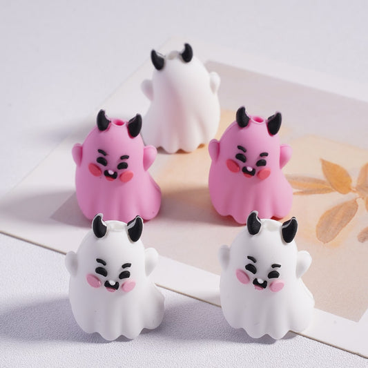 Silicone Focal Beads 3D Cute Ghost with Horn in White & Pink Halloween