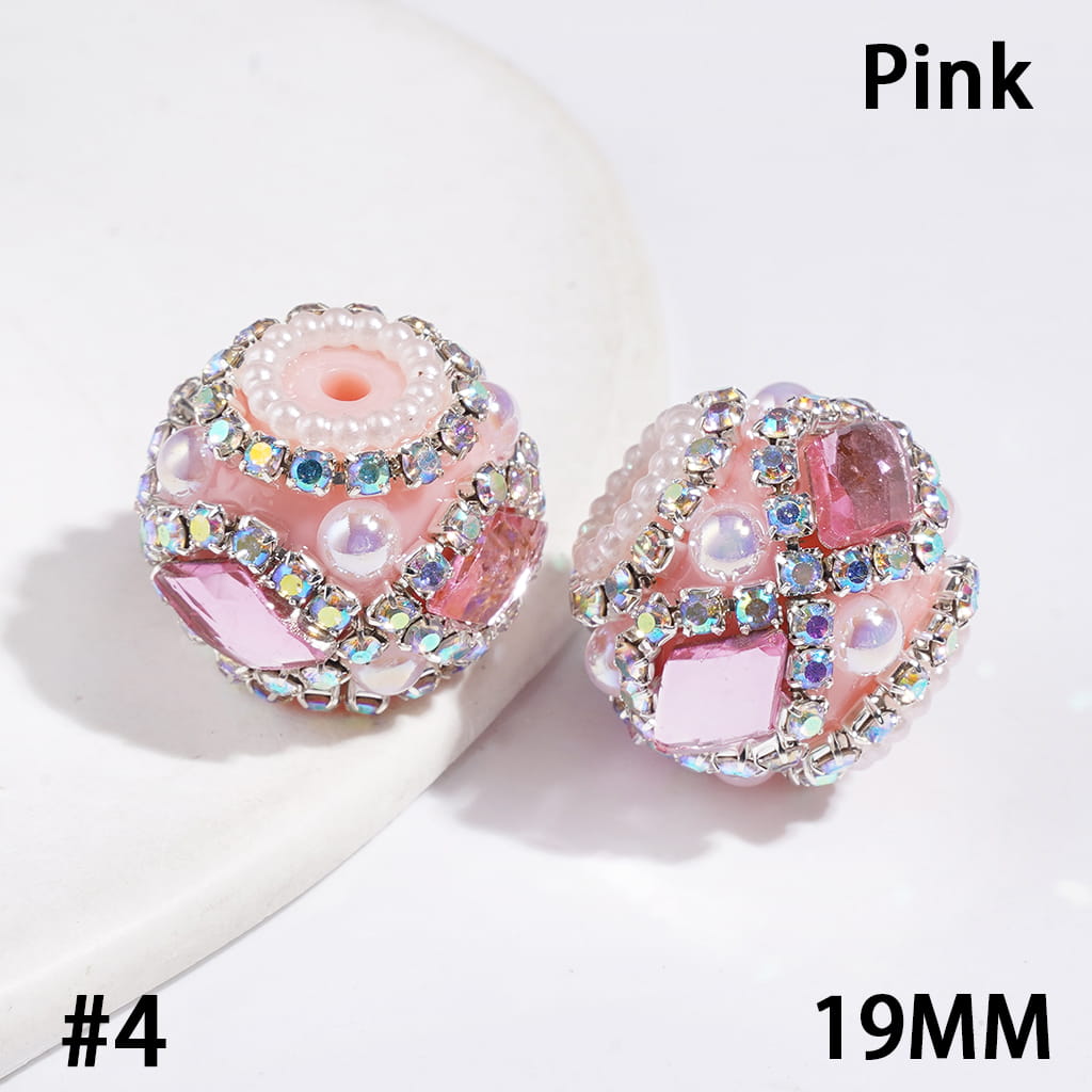 Hand-Made Acrylic Beads w Diamond Shaped Rhinestones & UV-Coated Half-Shell White Pearl, AB Rhinestone & White Pearl Ball Chains, 19MM Multi-Color