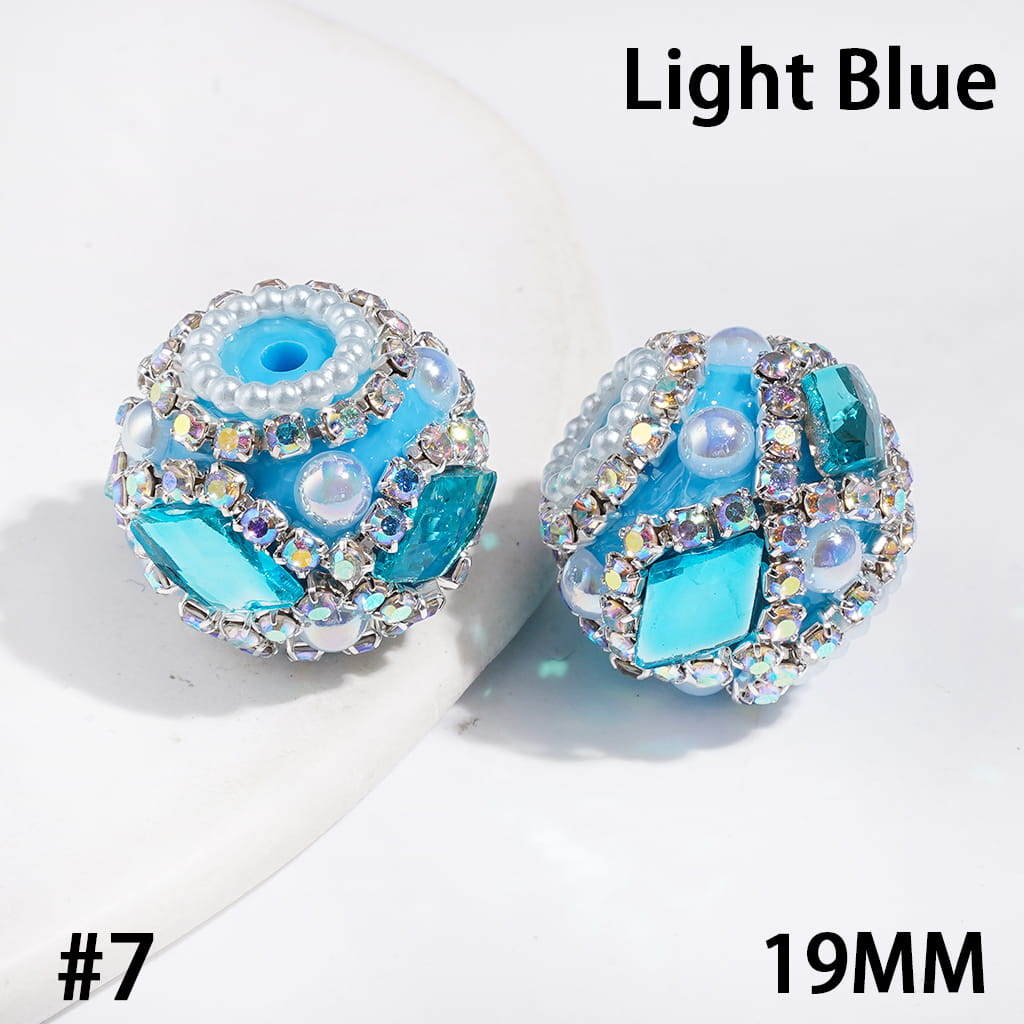 Hand-Made Acrylic Beads w Diamond Shaped Rhinestones & UV-Coated Half-Shell White Pearl, AB Rhinestone & White Pearl Ball Chains, 19MM Multi-Color