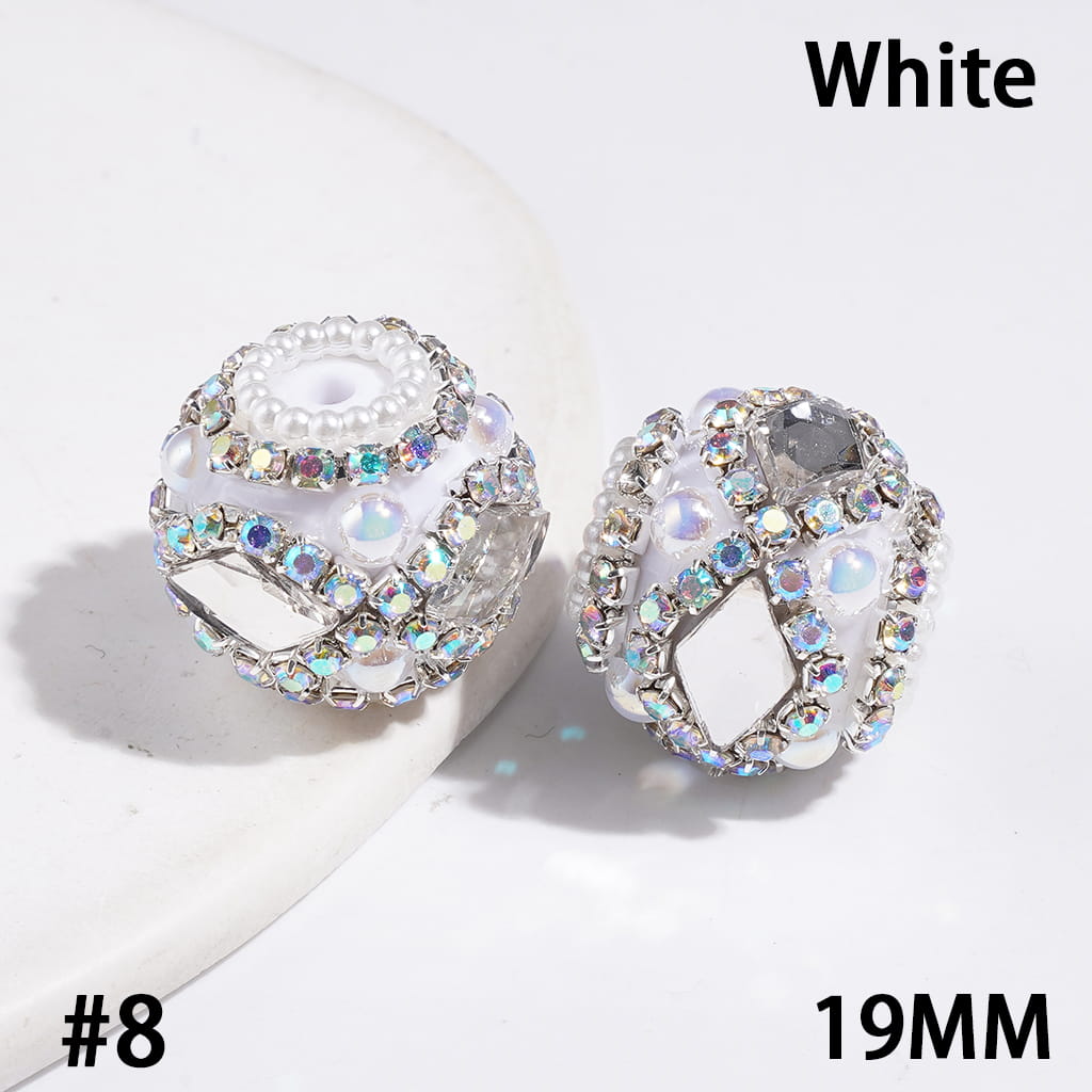 Hand-Made Acrylic Beads w Diamond Shaped Rhinestones & UV-Coated Half-Shell White Pearl, AB Rhinestone & White Pearl Ball Chains, 19MM Multi-Color