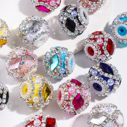 Hand-Made Acrylic Beads w Diamond Shaped Rhinestones & UV-Coated Half-Shell White Pearl, AB Rhinestone & White Pearl Ball Chains, 19MM Multi-Color