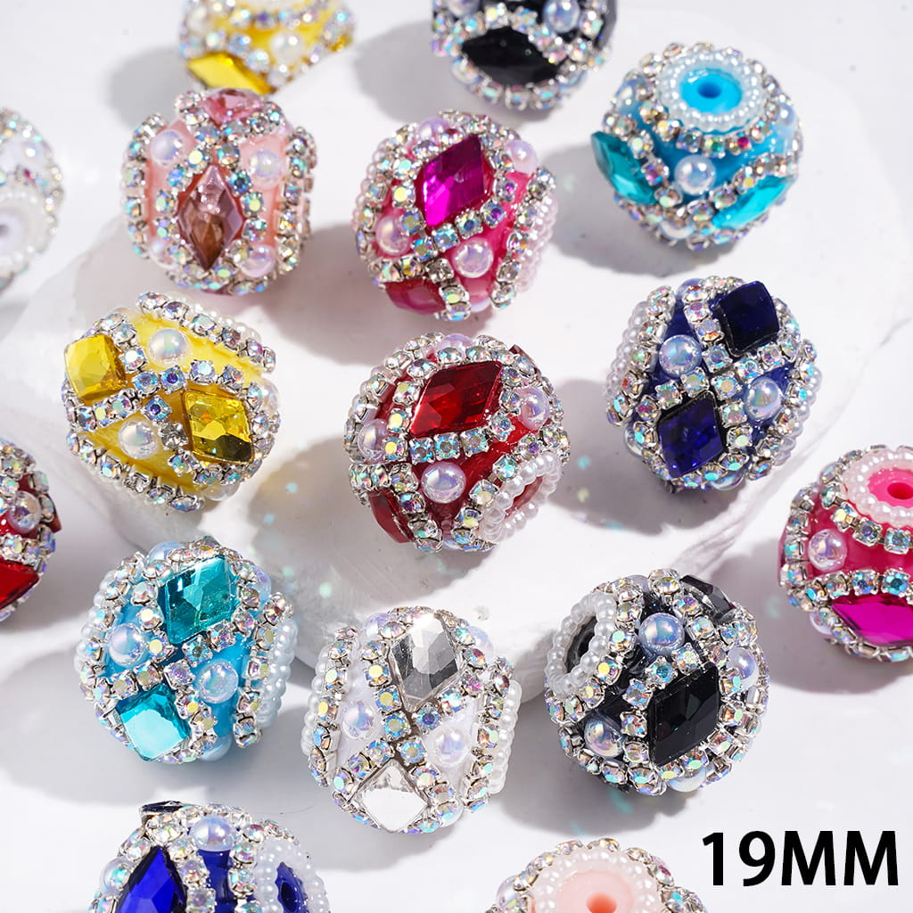 Hand-Made Acrylic Beads w Diamond Shaped Rhinestones & UV-Coated Half-Shell White Pearl, AB Rhinestone & White Pearl Ball Chains, 19MM Multi-Color