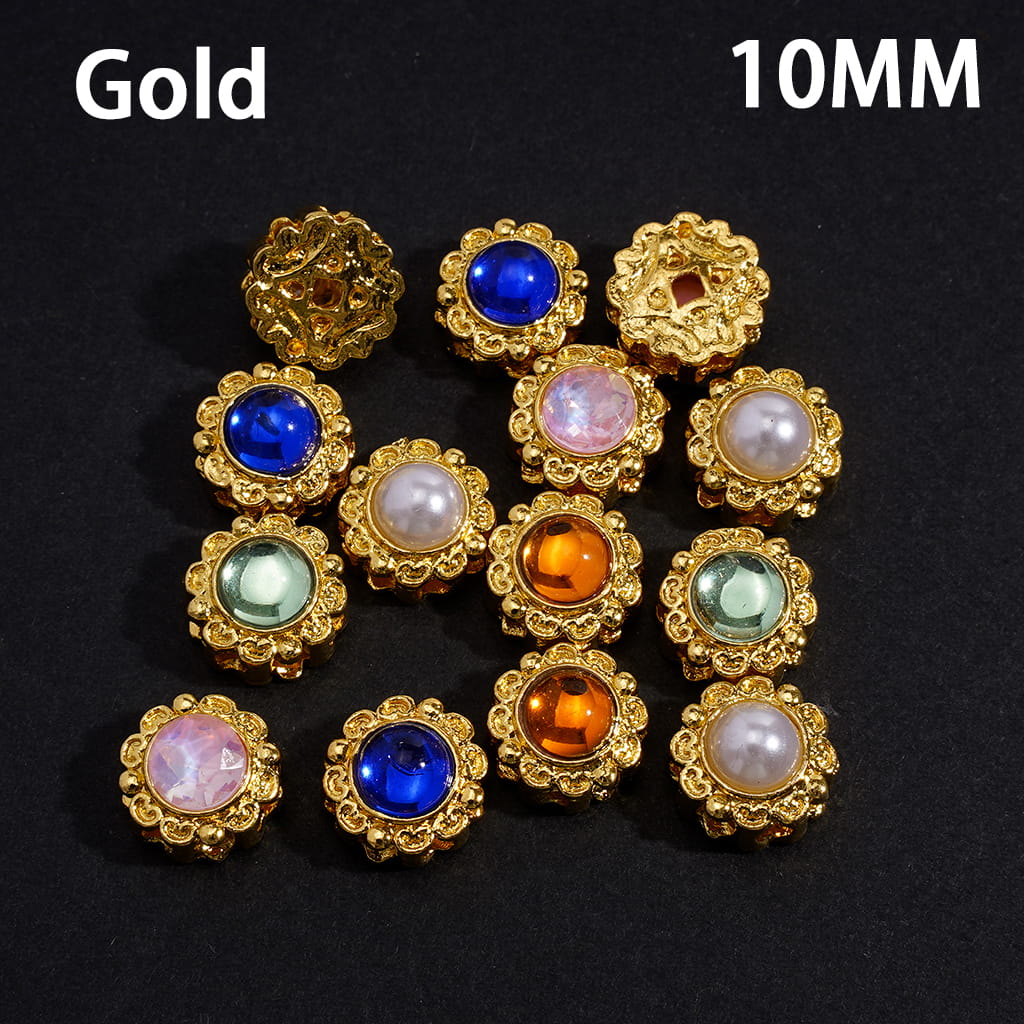 Alloy Flower Beads with Shiny Rhinestone, Hollowed Chinese Square Hole Copper Coin on Back, 10MM, Gold and Silver