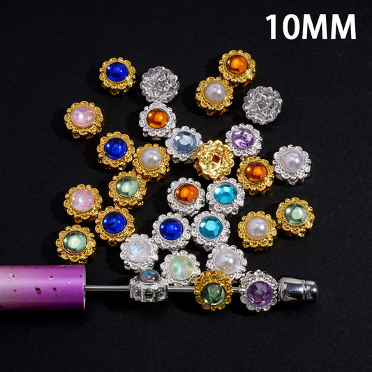 Alloy Flower Beads with Shiny Rhinestone, Hollowed Chinese Square Hole Copper Coin on Back, 10MM, Gold and Silver