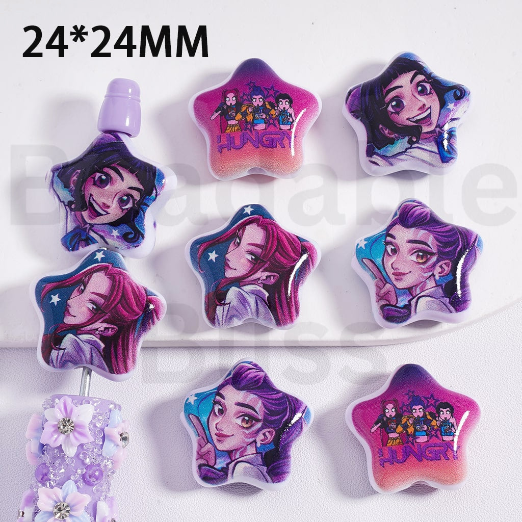 Acrylic Beads Five-Pointed Star Shape K-Pop Demo Hunte Series 24*24MM, Random Mix