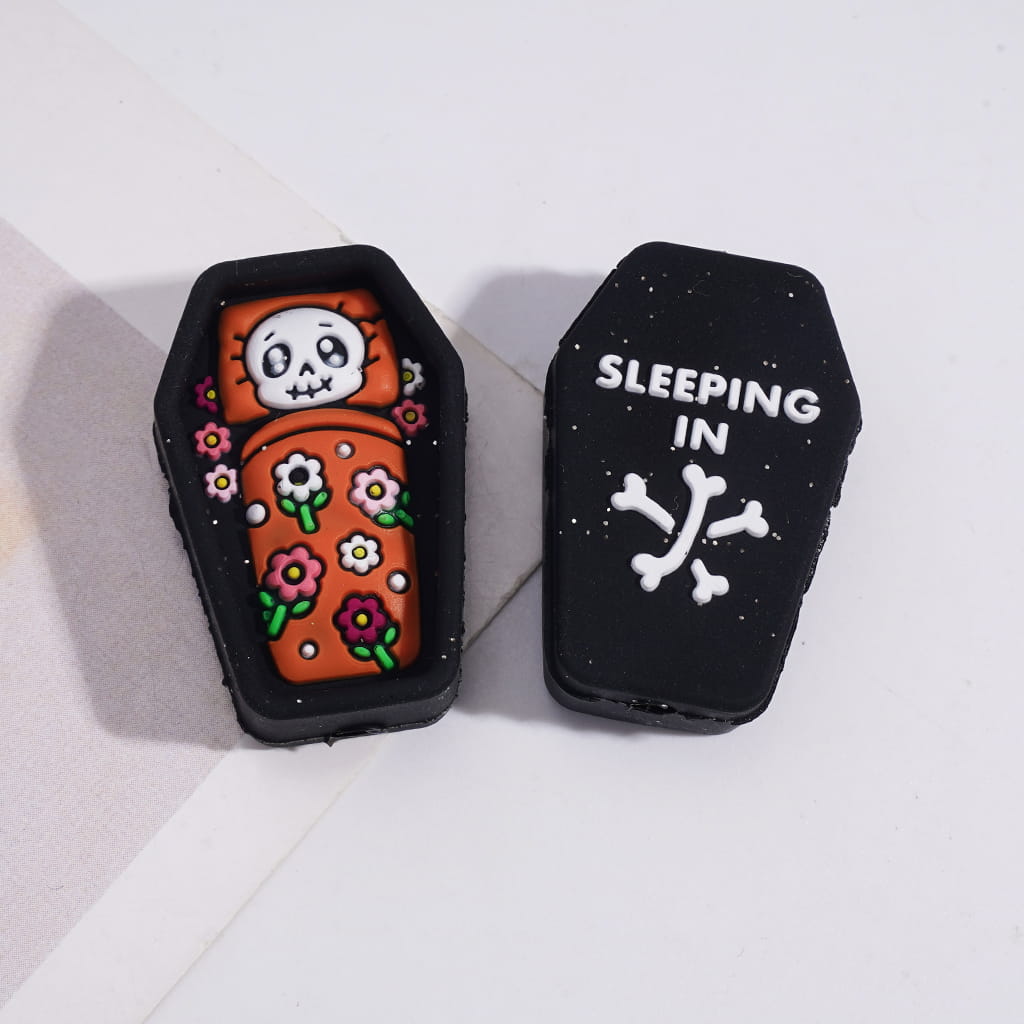 Silicone Focal Beads 3D Skeleton Sleeping in Coffin, Multi-Color