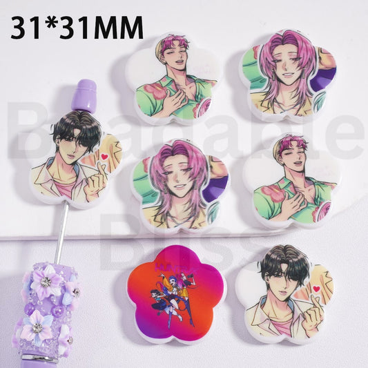 Acrylic Beads Plum Blossom Flower Shape Saj Boys Kpop Demo Hunte Series 31*31MM, Random Mix