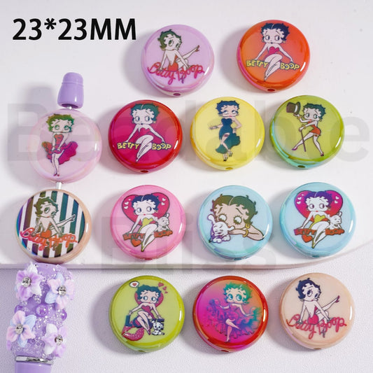 Acrylic Beads UV Coating Flat Round Cute Betty Boo Prints, Multi-Color, 23MM，Random Mix