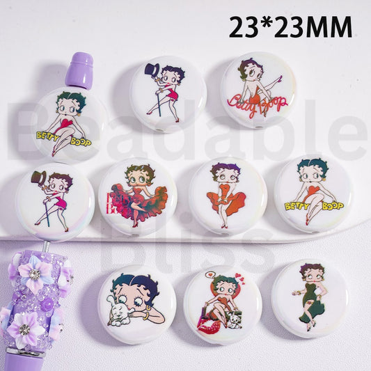 Acrylic Beads UV Coating Flat Round Cute Betty Boo Prints, White Color, 23MM, Random Mix