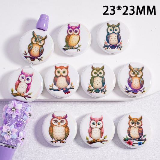 Acrylic Beads UV Coating Flat Round Cute Owl Prints, White Color, 23MM, Random Mix