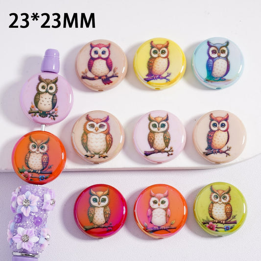 Acrylic Beads UV Coating Flat Round Cute Owl Prints, Multi-Color, 23MM, Random Mix