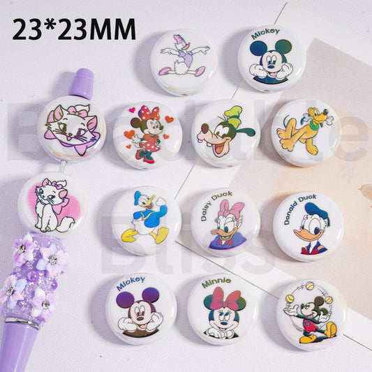Acrylic Beads UV Coating Flat Round Cute Disne Cartoon Micke Minni Dais Goof Plut Donal Mari Cat Prints, White Color, 23MM, Random Mix