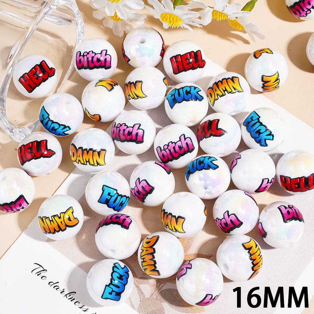 Graffiti Style Humor Text Acrylic Beads for Bracelets in UV Coating Process, Random Mix
