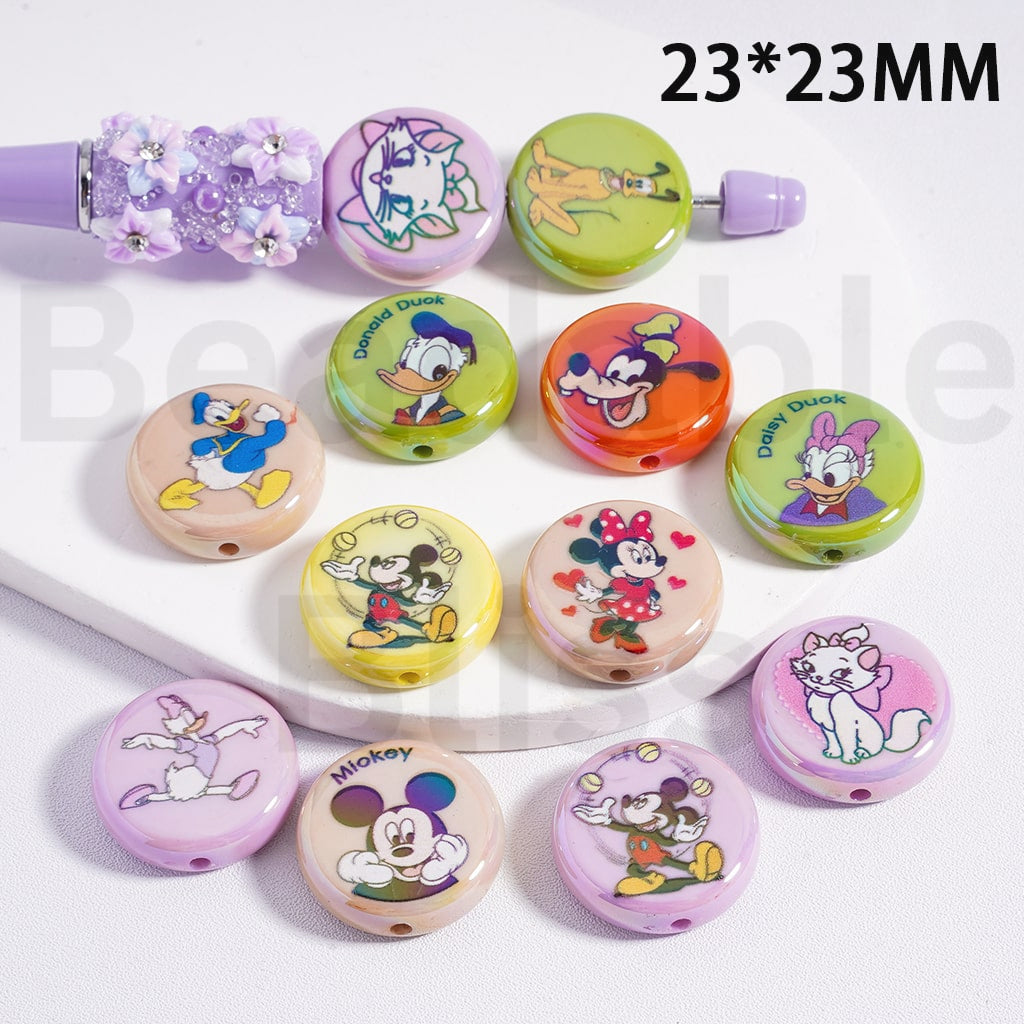 Acrylic Beads UV Coating Flat Round Cute Disne Cartoon Micke Minni Dais Goof Plut Donal Mari Cat Prints, Multi-Color, 23MM, Random Mix