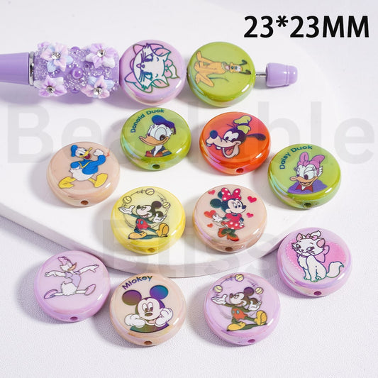 Acrylic Beads UV Coating Flat Round Cute Disne Cartoon Micke Minni Dais Goof Plut Donal Mari Cat Prints, Multi-Color, 23MM, Random Mix