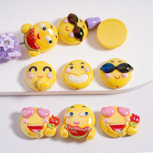 Acrylic Beads UV Coating Cute Smile Face Yellow Bean Emoji, Random Mix