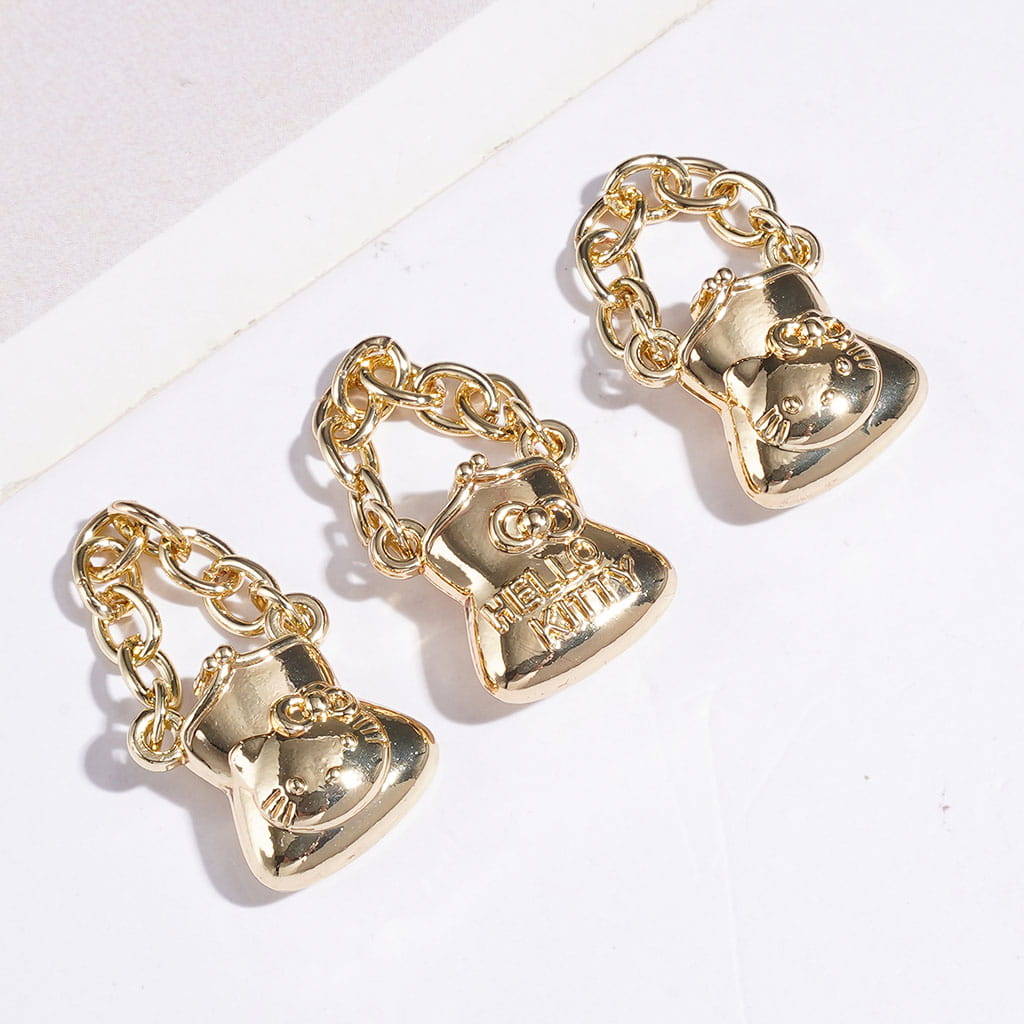 NO HOLE - Cute Cat Character Printed Tiny Handbag Alloy Charms with Chain, Jewelry Accessories, Gold and Silver, Around 13MM
