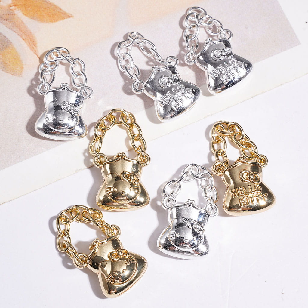 NO HOLE - Cute Cat Character Printed Tiny Handbag Alloy Charms with Chain, Jewelry Accessories, Gold and Silver, Around 13MM