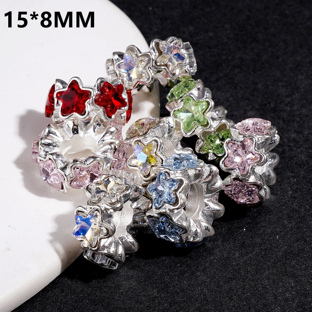 Fancy Silver Alloy Star Spacer with Shiny Colorful Rhinestones, 15*8MM, Random Mix