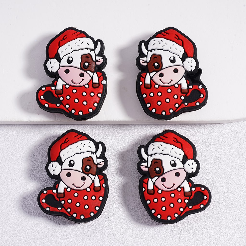 Silicone Focal Beads Cute Cow with Christmas Hat in a Cup
