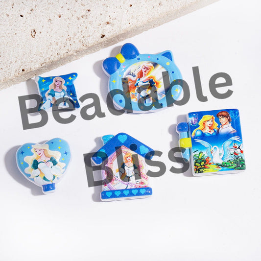 Acrylic Beads and Pendants Swan Princess and Prince Characters Series, Blue Animation Style, Random Mix