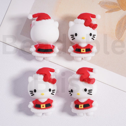 Silicone Focal Beads 3D Cute Hello Kitt with Red Christmas Hat Bowknot