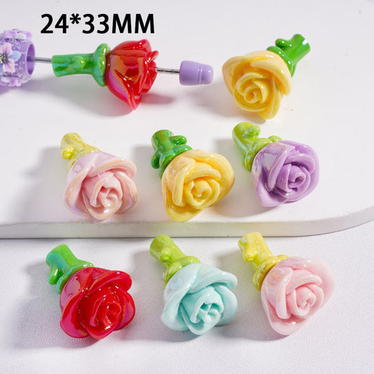 Acrylic Beads UV Coating Cute Rose Flower, 24*33MM, Random Mix