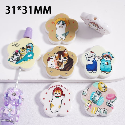 Acrylic Beads Cute Flower with Little Cat Prints, 31*31MM, Random Mix
