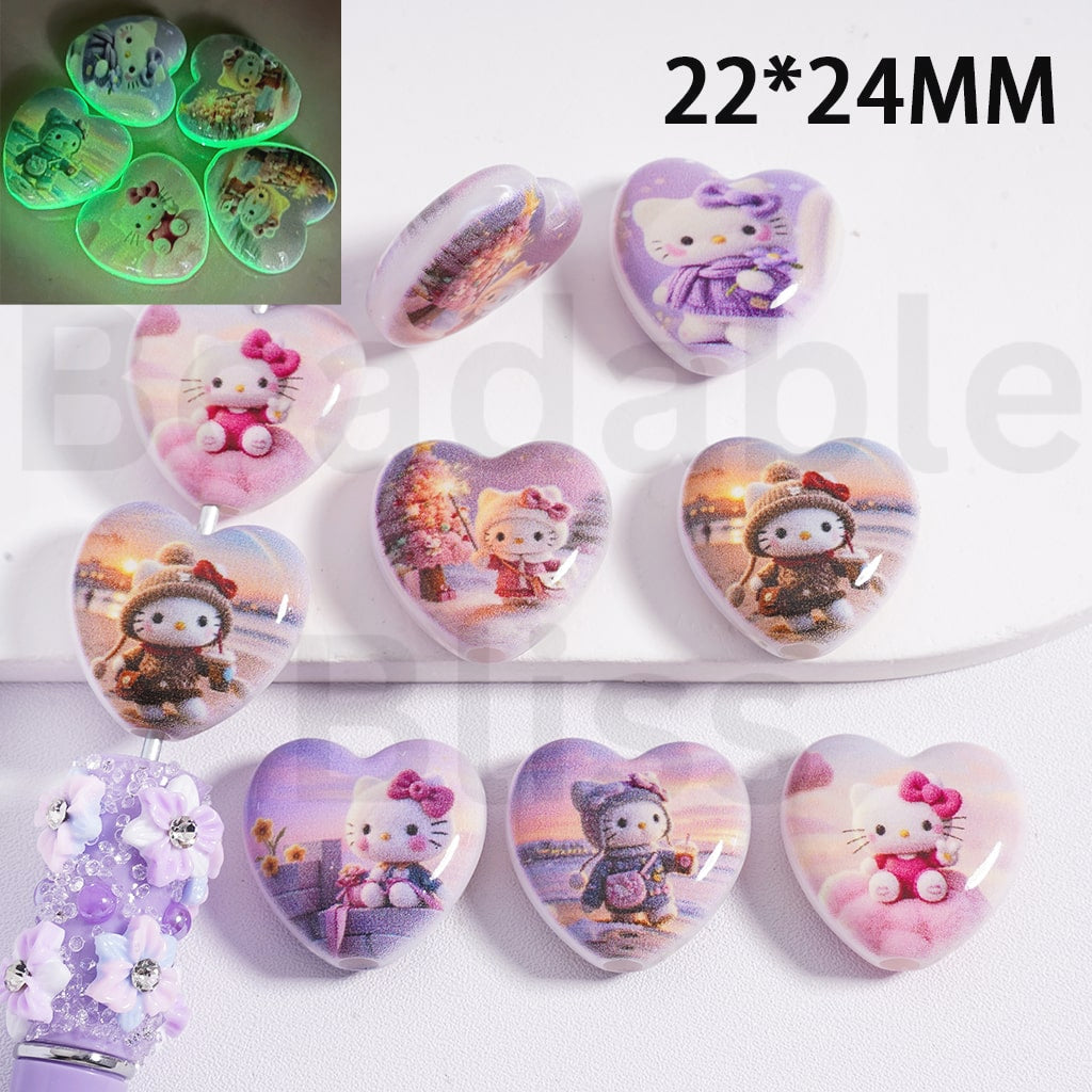 Acrylic Beads Luminous Hello Kitt Prints Heart, 22*24MM, Random Mix