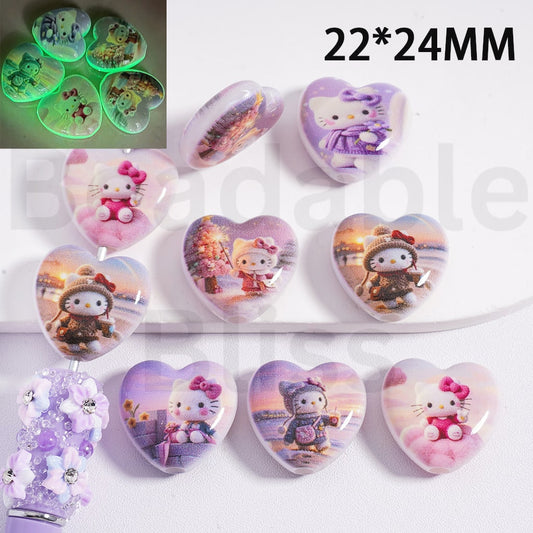 Acrylic Beads Luminous Hello Kitt Prints Heart, 22*24MM, Random Mix