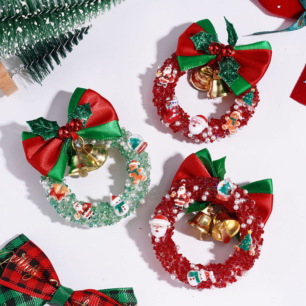 Handmade Christmas Wreath Acrylic Beads, Fabric Bow Bells Christmas Trims Cone Shaped Rhinestones & White Pearls, 53-64MM, Red Green