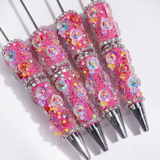 Handmade Beadable Pens with Semi-Clear Small Round Beads and Rainbow Lollipop, AB Rhinestones Chains