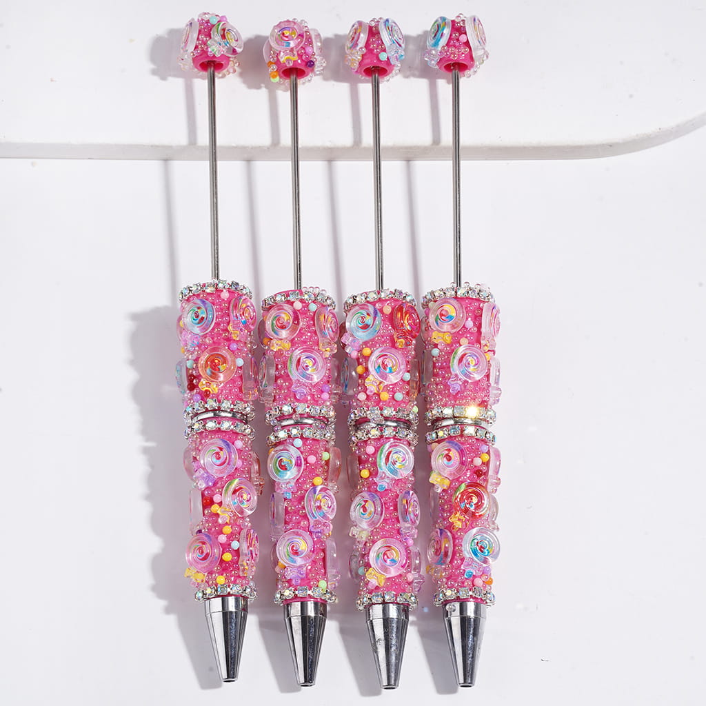 Handmade Beadable Pens with Semi-Clear Small Round Beads and Rainbow Lollipop, AB Rhinestones Chains