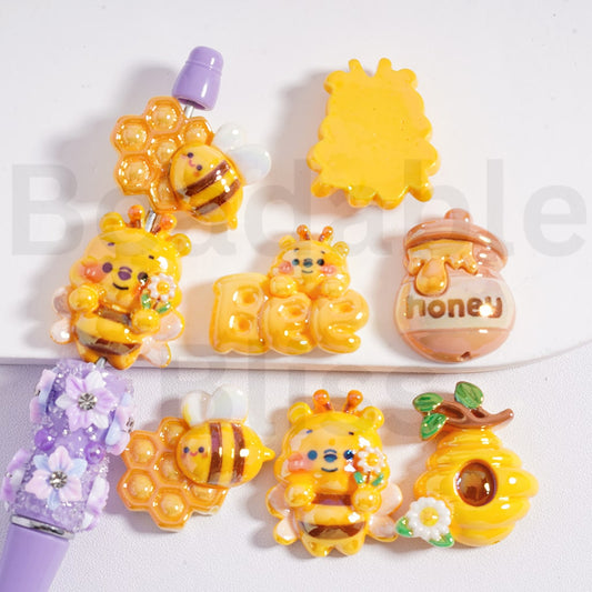 Acrylic Beads UV Coating Cute Winni the Poo Style Bee Honey Pot Series, Random Mix