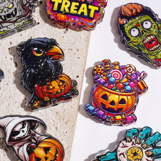 Halloween Acrylic Beads Mummy Zombie Candy Pumpkin Black Crow Tombstone, Semi-Clear, Random Mix