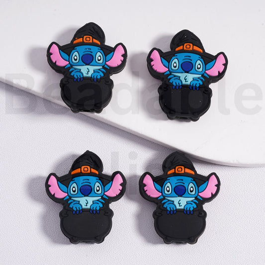 Silicone Focal Beads Cute Stitc with Wizard Hat Sits in a Black Cauldron Halloween