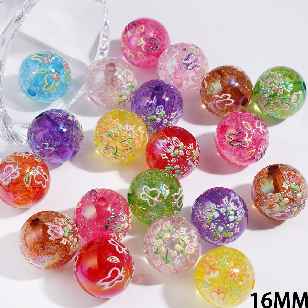 UV-Coated Acrylic Beads for Bracelets with Butterfly and Tulip, 16MM Mulit-Color Random Mix