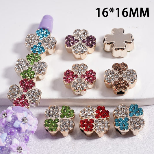 Acrylic Beads Four Leaf Clover Shape with Colorful  Rhinestones, Gold Color, 16*16MM, Random Mix