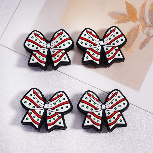Silicone Focal Beads White Bowknot with Green Mini Spots Red Stripes