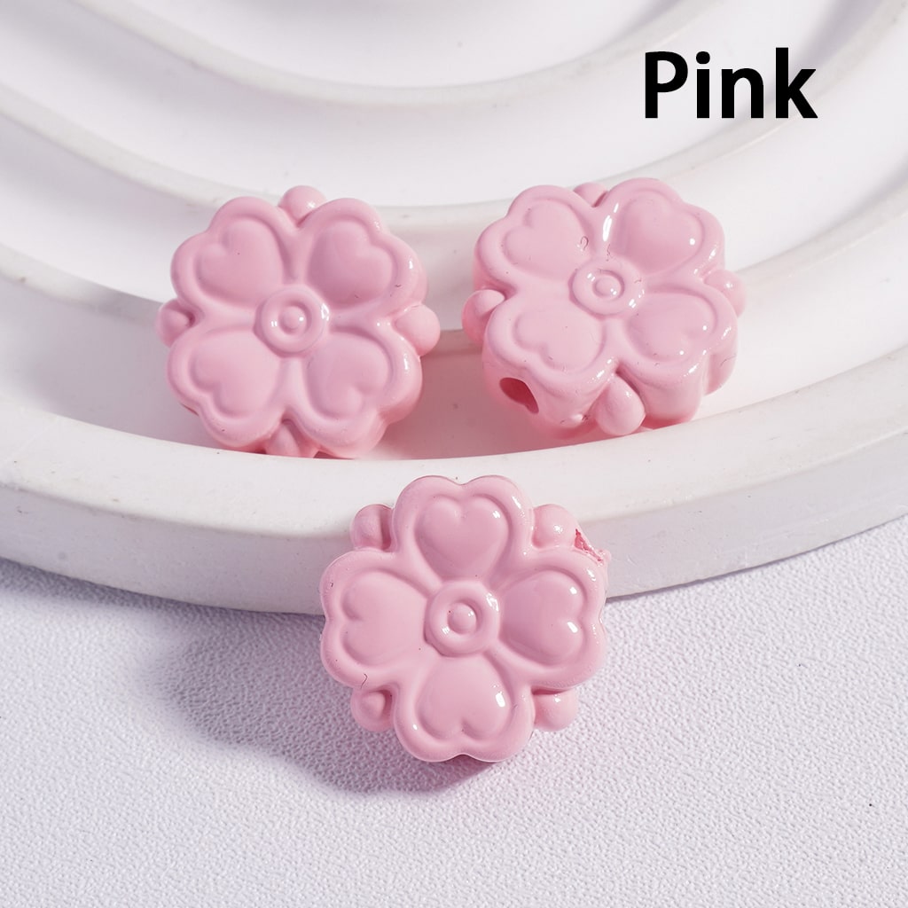 Acrylic Beads Cute Four-Leaf Clover with Mini Heart Prints in Solid Color, 15*15MM, (Single Color is available for 300pcs(Whole Bag) Only)