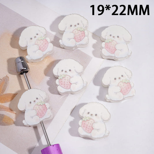 Acrylic Beads Cute Dog Hugging Strawberry, 19*22MM, Translucent