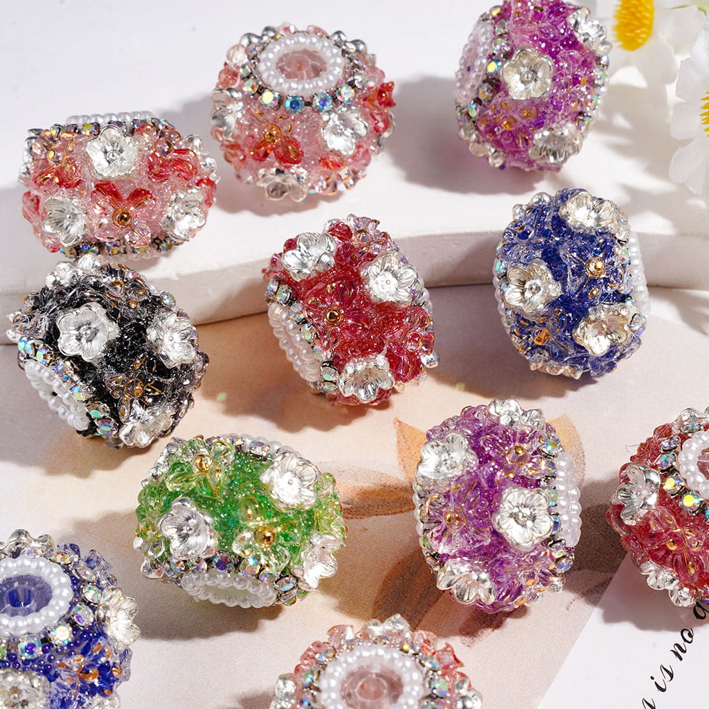 Handmade Acrylic Beads w Transparent Cross & Silver Color Metal Five-Petaled Flower, AB Rhinestone & White Pearl Chains, 21MM Multi-Color Random Mix