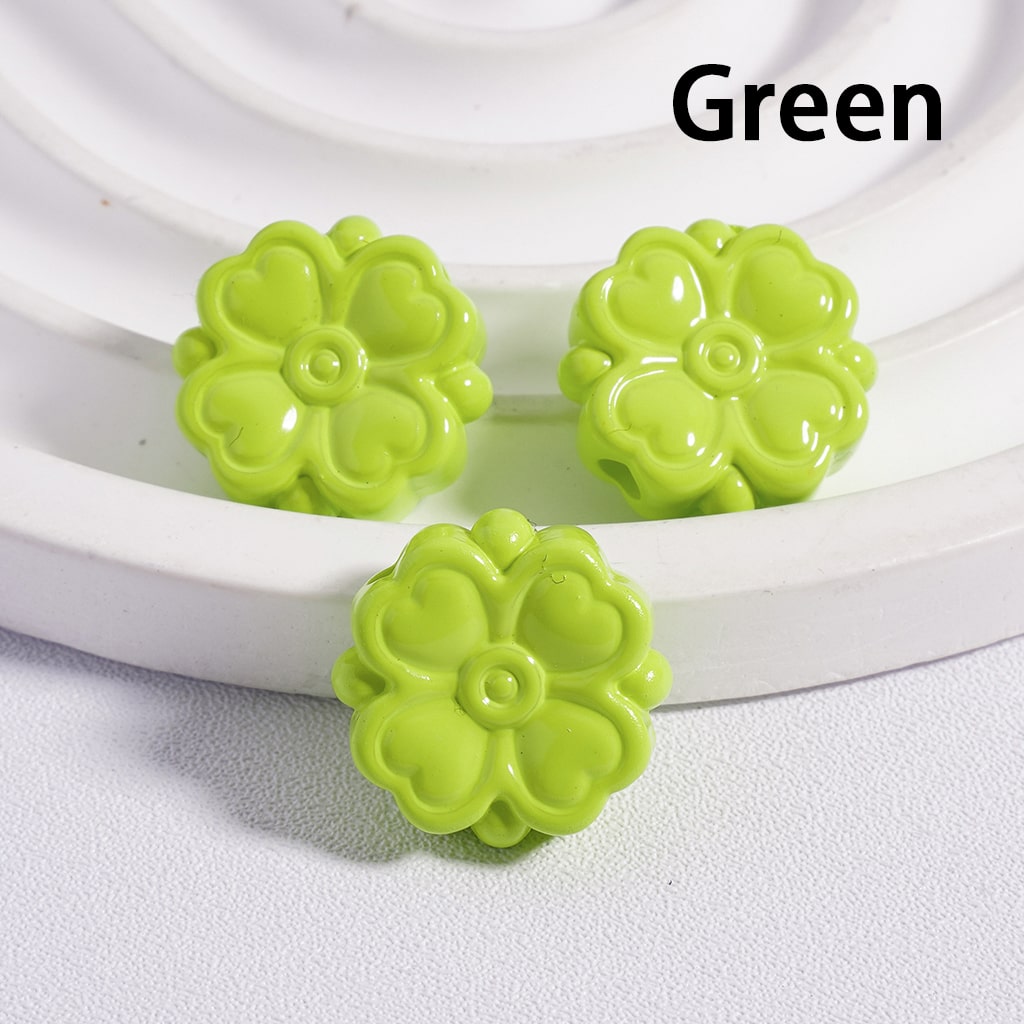 Acrylic Beads Cute Four-Leaf Clover with Mini Heart Prints in Solid Color, 15*15MM, (Single Color is available for 300pcs(Whole Bag) Only)