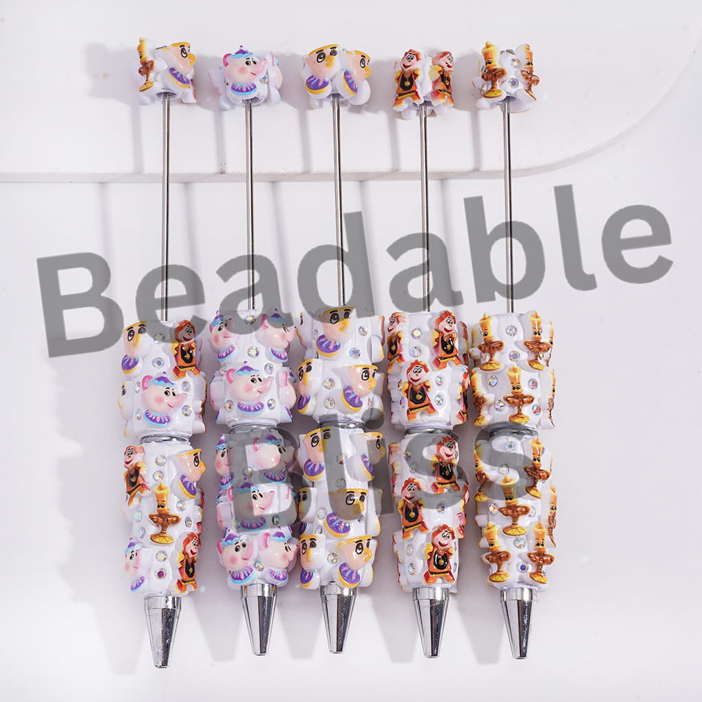 Beadable Clay Pens with Classic Beautiful Princess and Wild Beast Furniture Character, AB Rhinestones