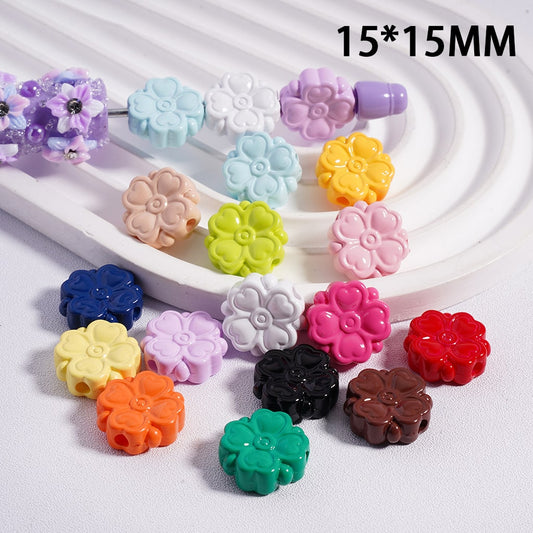 Acrylic Beads Cute Four-Leaf Clover with Mini Heart Prints in Solid Color, 15*15MM, (Single Color is available for 300pcs(Whole Bag) Only)