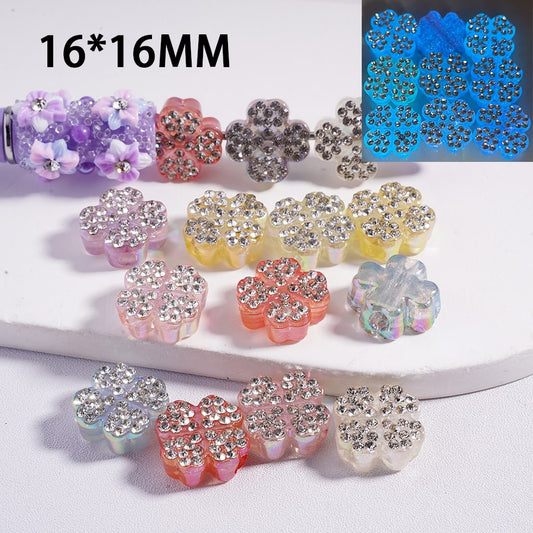 Acrylic Beads Luminous  UV Coating Glitter Four Leaf Clover with Clear Rhinestones, Translucent Color, 16*16MM, Random Mix