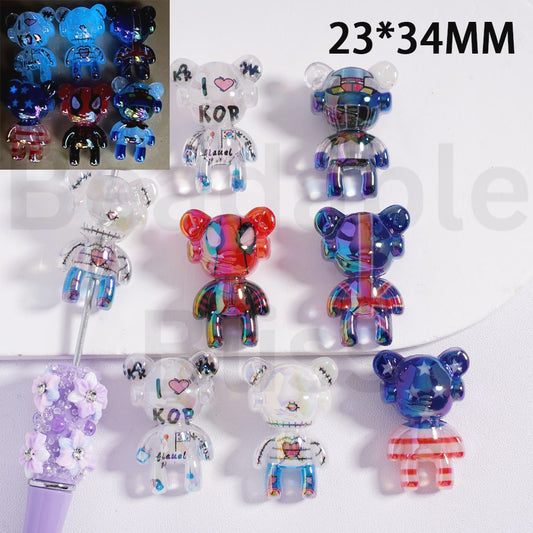 Acrylic Beads Luminous UV Coating Cute Bear with Different Prints , 23*34MM, Random Mix