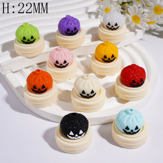 3D Evil Dumpling and Steamer Basket with Silver Glitter Silicone Focal Beads Halloween, Height 22MM Multi-Color